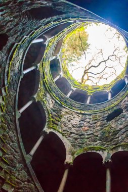 Portekiz, Sintra 'daki Quinta da Regaleira Sarayı' nın parkında Kabul Kuyusu (Ters Kule)