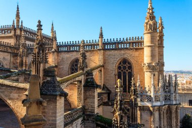 Çatıdaki Giralda Kulesi 'nden ve Sevilla Katedrali' nin kulelerinden şehrin manzarası Seville, İspanya 'da