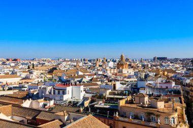 Sevilla, Endülüs, İspanya 'daki Giralda Kulesi' nin eski şehir çatılarının hava panoramik görüntüsü.