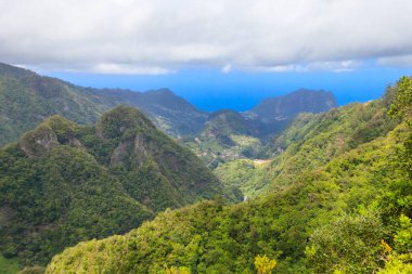 Panoramic views from Miradouro dos Balcoes viewpoint in Ribeiro Frio National park in Madeira, Portugal clipart