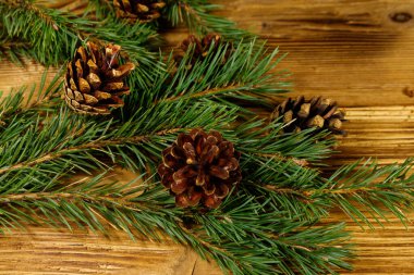 Noel kompozisyonu köknar ağacı dalları ve tahta arka planda koni