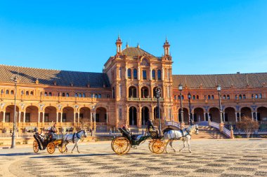 Seville, İspanya - 15 Aralık 2023: Sevilla, Endülüs, İspanya 'daki Plaza de Espana (İspanya Meydanı) at arabaları