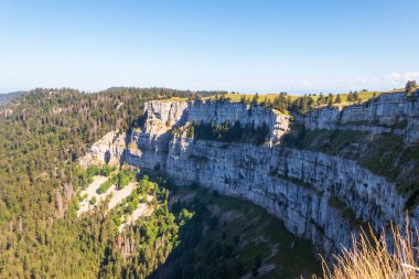 View of Creux Du Van, the amphitheater shaped rock formation, which is 1400 metres wide and 150 metres deep, in Neuchatel canton, Switzerland