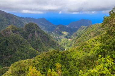 Portekiz, Madeira 'daki Ribeiro Frio Ulusal Parkı' nda Miradouro dos Balcoes 'un panoramik görüşü