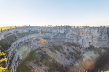 View of Creux Du Van, the amphitheater shaped rock formation, which is 1400 metres wide and 150 metres deep, in Neuchatel canton, Switzerland