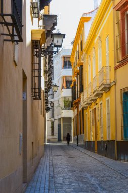 28.05.2023, Seville, İspanya: Dükkanlar, kafeler, restoranlar ve hediyelik eşya dükkanları ve renkli evleri ile Sevilla 'nın dar sokakları