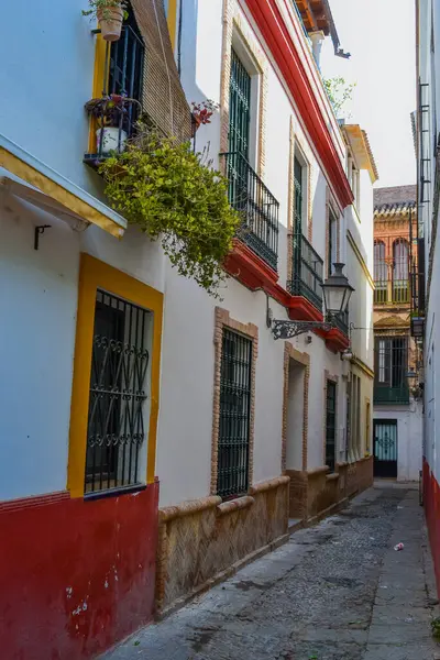 28.05.2023, Seville, İspanya: Dükkanlar, kafeler, restoranlar ve hediyelik eşya dükkanları ve renkli evleri ile Sevilla 'nın dar sokakları