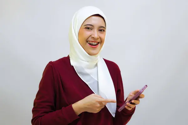 Happy Cheerful Young Asian Muslim Woman Wearing Red Top White — Stock Photo, Image