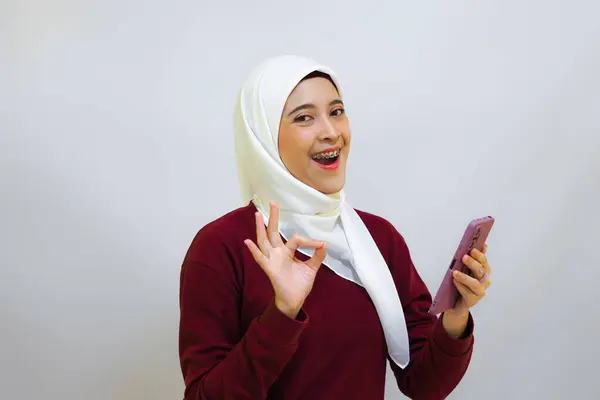 Happy Cheerful Young Asian Muslim Woman Wearing Red Top White — Stock Photo, Image