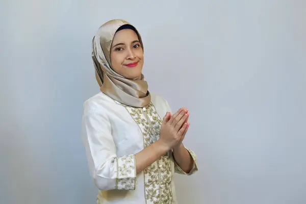 Indonesian Hijab Woman Ramadan Eid Apology Gesture White Background — Stock Photo, Image