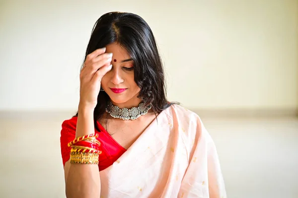 漂亮的印度传统珠宝和萨里 传统的样子美丽的女人银项链和耳环 红色的手镯红色萨里衬衫和白色萨里 优雅的印第安服装 白人背景 — 图库照片