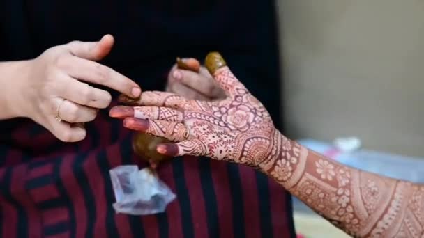 Подушечки Пальцев Татуировке Хны Закрываются Невеста Мехенди Процессе Индийский Брак — стоковое видео