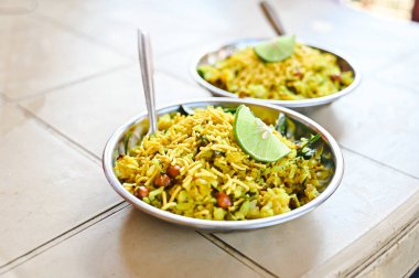  Indian Vegetarian Breakfast with Flake Rice. Indian Cuisine. Indian Poha Food