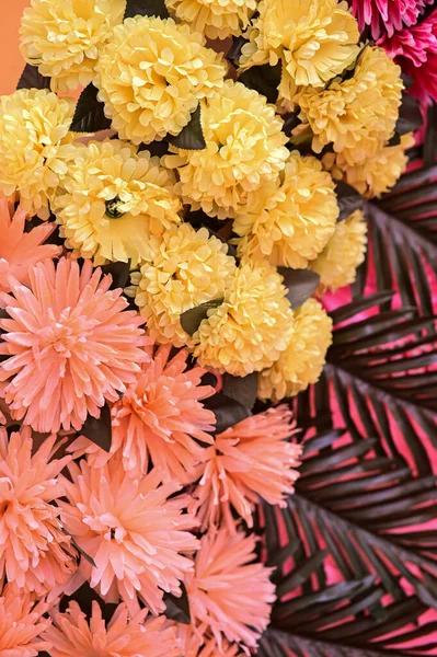 Yellow and Pink flowers and green leaf as wedding stage decoration. Flower Decorations. Flowers Wallpaper and Background