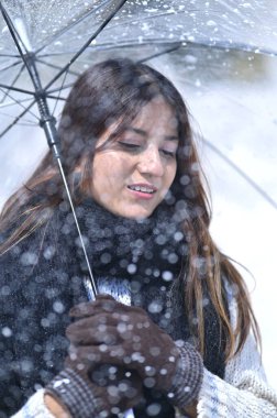 Soğuk havada kar yağışının tadını çıkar. Kışlık elbiseli kadın. Kış havası. Kış aralık mevsimi