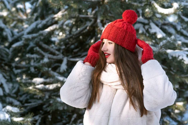 Hermosa Chica Morena Sombrero Rojo Mitones Invierno Aire Libre Caperucita —  Fotos de Stock