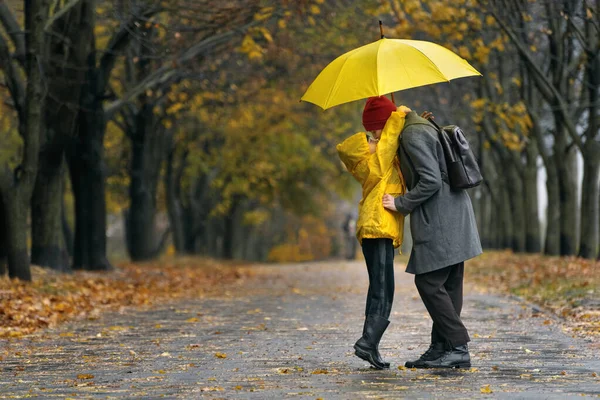 stock image Son are hugging his mom walking in the autumn park in rain with large yellow umbrella. Rainy day.