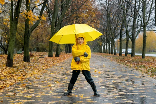 Little boy in yellow raincoat with an yellow umbrella in park . Child walking on rainy autumn street.