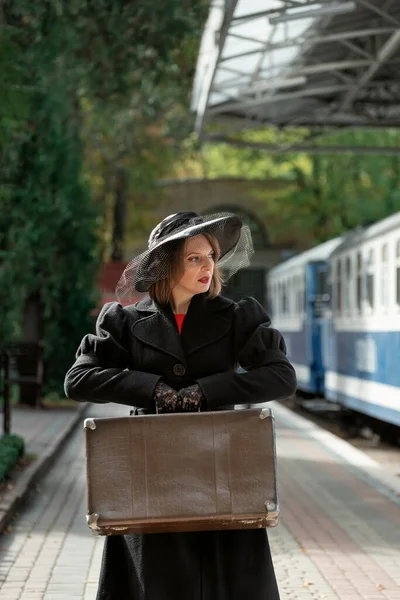 모자를 베일을 아름다운 여인은 가방을 여성의 초상화 수직적 — 스톡 사진