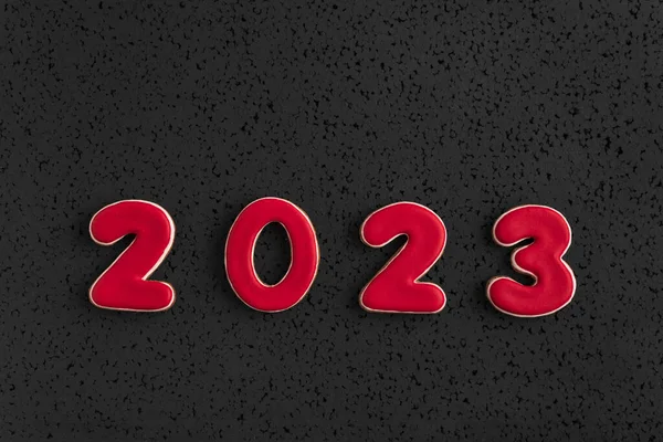 Number 2023 New Year Red Gingerbread Black Background Top View — Stock Photo, Image