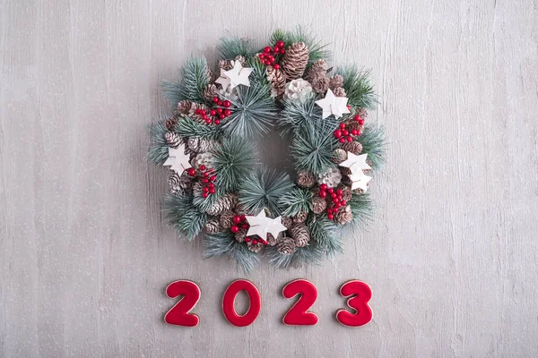 Новорічний Декор Номерами 2023 Різдвяний Вінок Зимові Канікули Світло Сіра — стокове фото