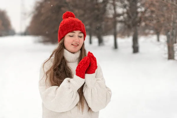 冬の公園の路地で赤いニット帽とミトンとウールのセーターでかわいい女の子を笑顔 女性の屋外 — ストック写真