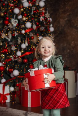 Mutlu tatlı genç kız büyük bir hediye kutusu tutuyor ve Xmas ağacı arka planındaki kameraya bakıyor. Dikey çerçeve. Noel Arifesi.
