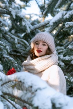 Parktaki karla kaplı çam ağaçlarının yanındaki güzel genç kadının portresi. Dikey çerçeve.