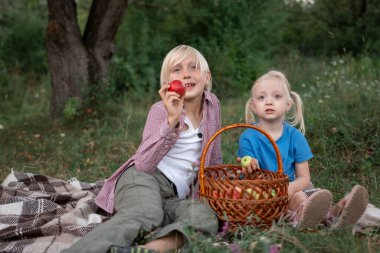 Fair-haired cute siblings sit in meadow on bedspread with apples in hand. Picnic for children on warm summer day.