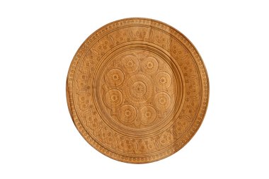 Round wooden decor element with openwork carvings. Wooden dish with ornaments. Isolated on white background