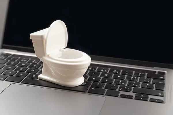 Open small toy white toilet bowl on laptop keyboard. Concept of waste of time or busywork