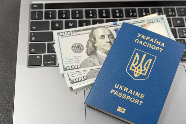 Passaporte Ucraniano Dólares Dinheiro Portátil Trabalho Online Para Ucranianos Registro — Fotografia de Stock