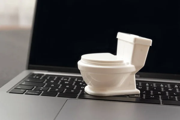 Concept of waste of time or busywork. Small toy white toilet bowl on laptop keyboard.