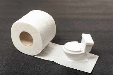 Beyaz tuvalet kağıdı rulo üzerinde küçük oyuncak klozet, gri arka plan. Çevre dostu geri dönüşümlü tuvalet kağıdı