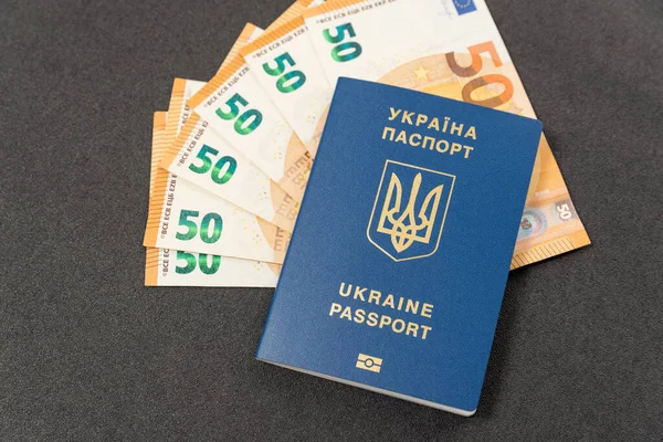 Passaporte Biométrico Ucraniano Dinheiro Euros Conceito Compensação Monetária Pagamentos Dinheiro — Fotografia de Stock