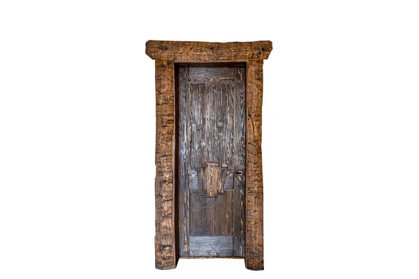 Starobylé Hrubé Dveře Dřeva Ztemněly Starými Dřevěnými Dveřmi Izolováno Bílém — Stock fotografie