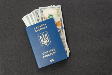 İçinde para olan Ukrayna pasaportu. Göç kavramı, Ukrayna 'dan ayrılma, yolsuzluk. Ukraynalılara nakit yardım
