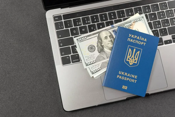 乌克兰在网上登记文件 乌克兰护照 现金美元和笔记本电脑 乌克兰人在网上工作 向乌克兰人支付现金 — 图库照片