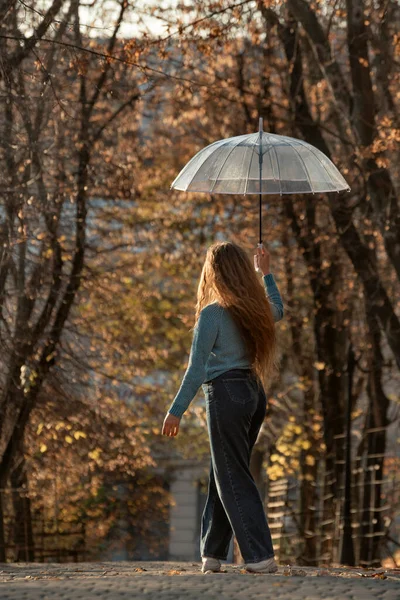 Widok Tyłu Młodą Kobietę Długimi Włosami Spaceruje Jesiennym Parku Ładna — Zdjęcie stockowe