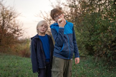 İki çocuk sıcak bir sonbahar gününde parkta veya ormanda yürürler. Bir çocuk elma yer. İki kardeş ya da arkadaş. Doğada yaşayan sarı saçlı ve koyu saçlı bir çocuk..