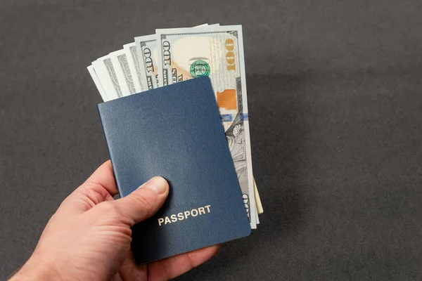 Passeport Bleu Avec Couverture Vierge Dollars Argent Mains Humaines Sur — Photo
