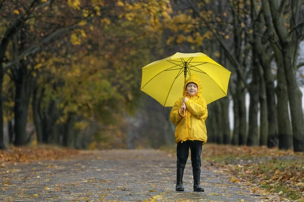 Pojke Gul Regnrock Med Stor Gul Paraply Går Genom Höstparken — Stockfoto