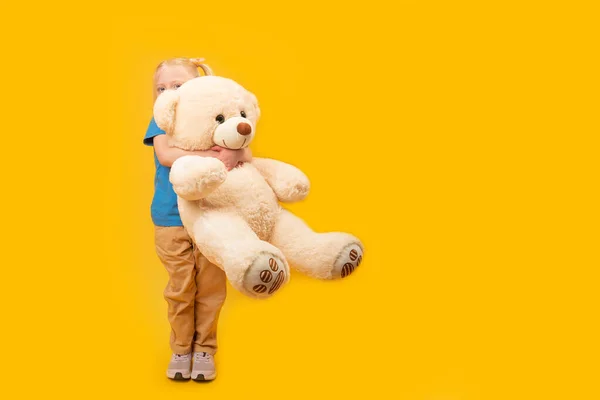 Little Blond Girl Hugs Large Toy Bear Studio Portrait Child — Stock Photo, Image