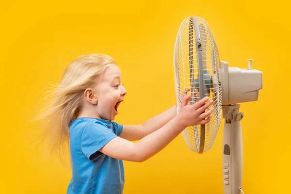 Malá Holka Pohybem Větru Bílé Vlasy Drží Ventilátor Křičí Dítě — Stock fotografie