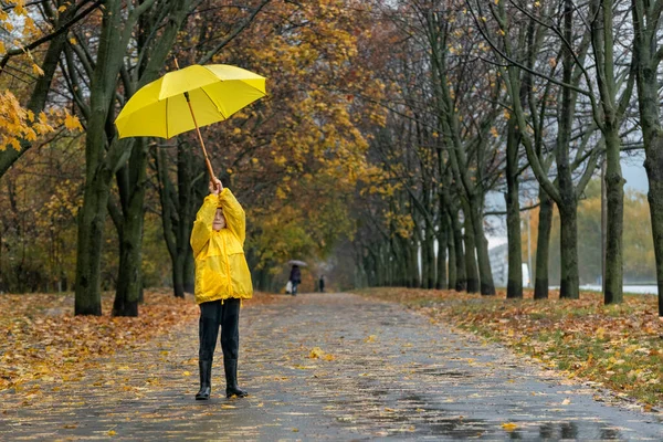 Małe Dziecko Podnosi Swój Żółty Parasol Deszczowym Jesiennym Parku Chłopiec — Zdjęcie stockowe