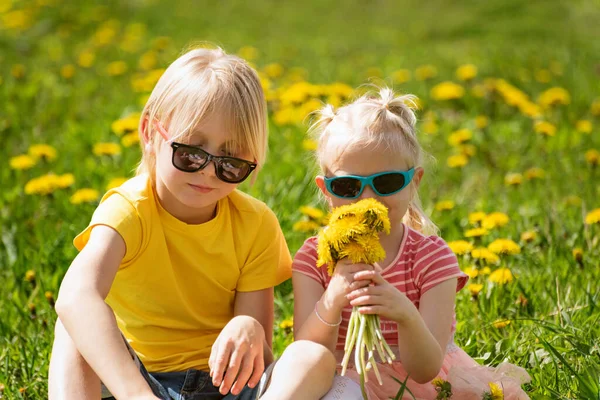 White Headed Brother Sister Wear Sunglasses Sit Dandelion Field Summer — Stock Photo, Image