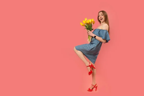 Happy Beautiful Young Woman Gray Sundress Red Sandals Posing Studio Stock Photo