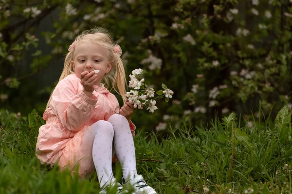 Preschooler Girl Wearing Pink Outfit Sits Grass Blooming Tree Holds — Stock Photo, Image