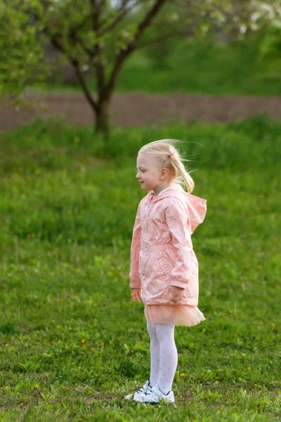 穿着粉色夹克 穿着绿色草甸或清澈衣服的欧洲金发小女孩 春天的时候垂直框架 — 图库照片