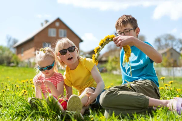 快乐的孩子们在后院的房子里玩得很开心 温暖的夏天 兄弟姐妹们穿着蒲公英坐在草地上 — 图库照片